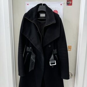 AllSaints Black Wool Coat with Leather Accents